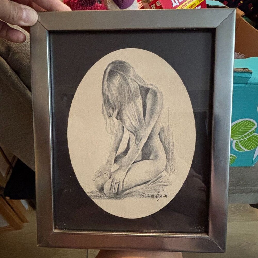 Roberto Lupetti Signed Oval Mat Framed Nude Print Female Study Pencil Sketch.